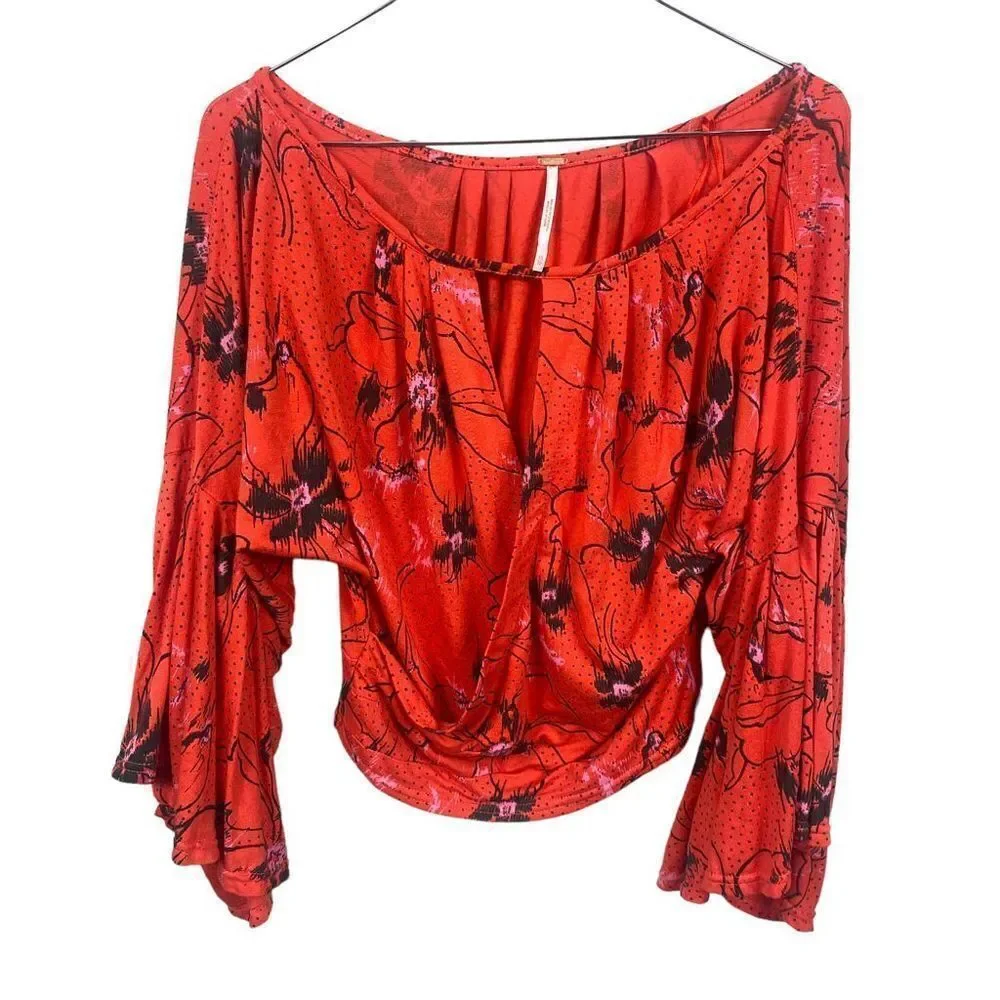 Free People Last Time Floral Blouse Draped Bell Sleeve Wrap Top